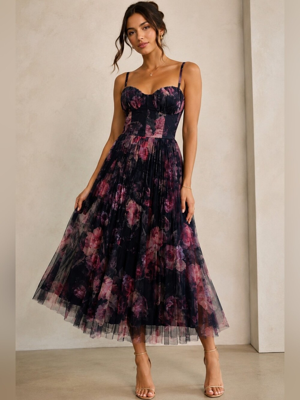 Lulus Floral Tulle Bustier Midi Dress NWT S Pleated Romantic Party Ethereal - Picture 2 of 16